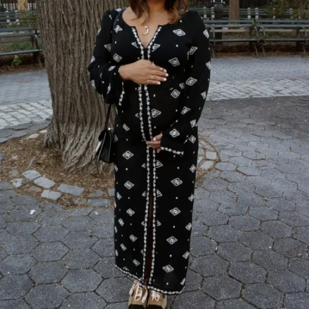 Free People Black Dress with White Embroidery